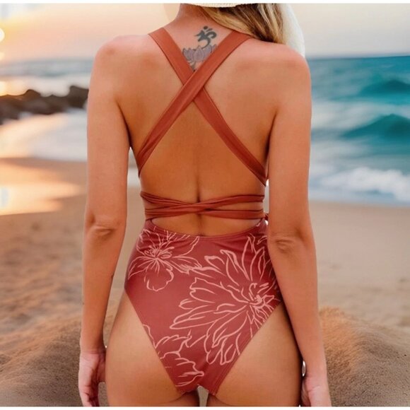 Cupshe Women’s XL One Piece Swimsuit Red Floral Deep V Neck Crisscross Tie Waist - Picture 3 of 8